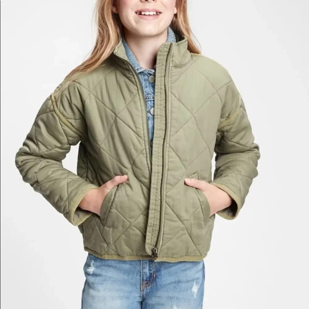 Gap Kids Quilted Utility Jacket Olive Green Girl's XXL 14-16 Full Zip Winter